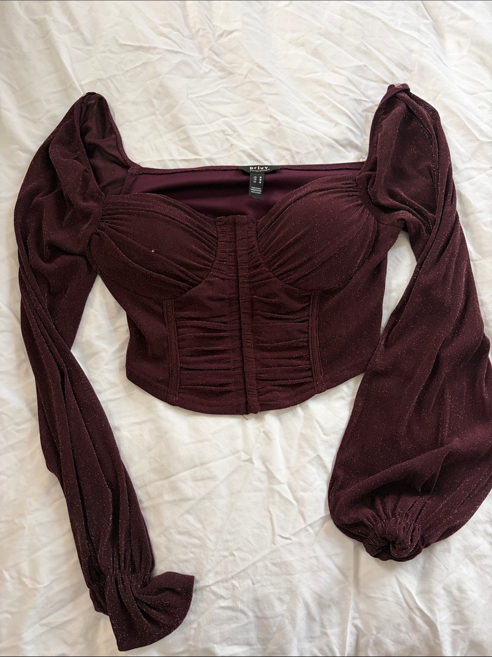 Burgundy Long-Sleeve Ruched Bustier Top